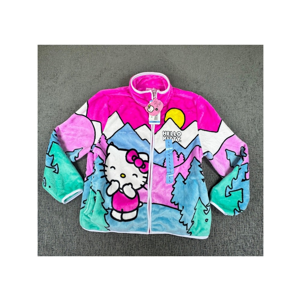 Hello Kitty Scenic Character Fleece Jacket Pink Blue Mountain Zip Up Large NEW